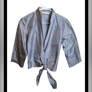 Vintage 100% Silk Paper Tag Connie Roberson Blue Gingham Wrap Top Size L